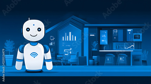 Modern warehouse automation concept featuring a robot assistant managing inventory with blue digital overlays photo