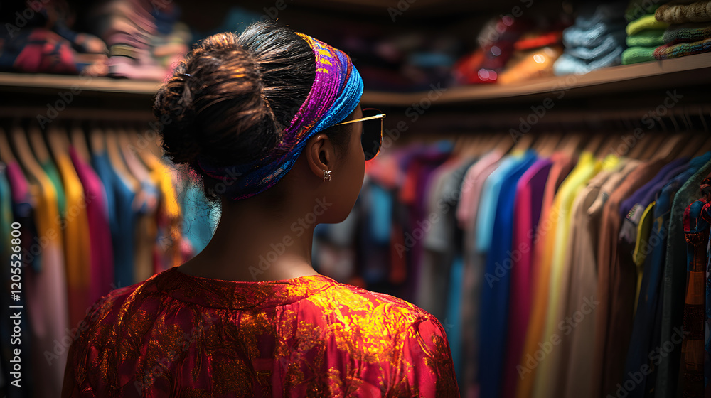Obraz premium Woman browsing a colorful clothing store with vibrant displays and warm ambient lighting