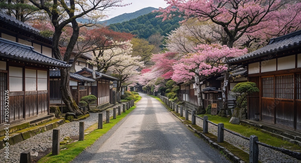 Medieval Japanese road with blooming flowers in a tranquil spring setting Medieval Japanese road with blooming flowers in a tranquil spring setting