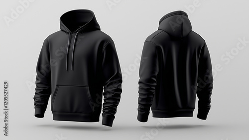 realistic black hoodie mockup showcasing front and back views, perfect for apparel design and branding. Ideal for showcasing fashion concepts and s photo