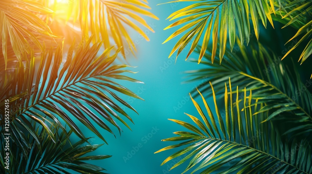 Palm leaves with sunlight and blue sky Palm leaves with sunlight and blue sky