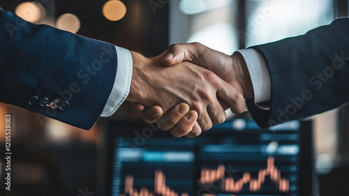 A firm handshake between partners marking a successful deal, driving global growth through data analysis, AI, technology, security, blockchain, and strategy.