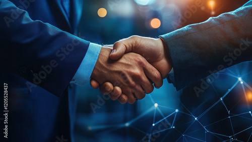A firm handshake between partners marking a successful deal, driving global growth through data analysis, AI, technology, security, blockchain, and strategy.