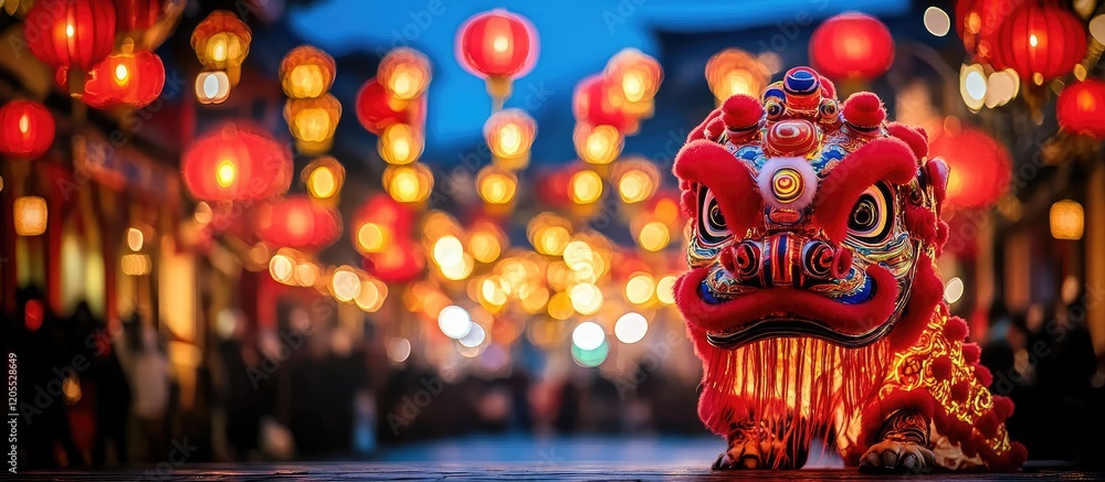 Fototapeta premium Festive Lion Dance Underneath Glowing Lanterns