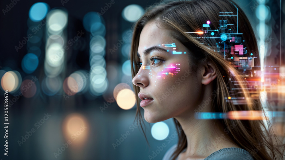Futuristic Portrait of a Woman: Digital AI Elements and Urban Motion Blur. Futuristic Portrait of a Woman: Digital AI Elements and Urban Motion Blur.