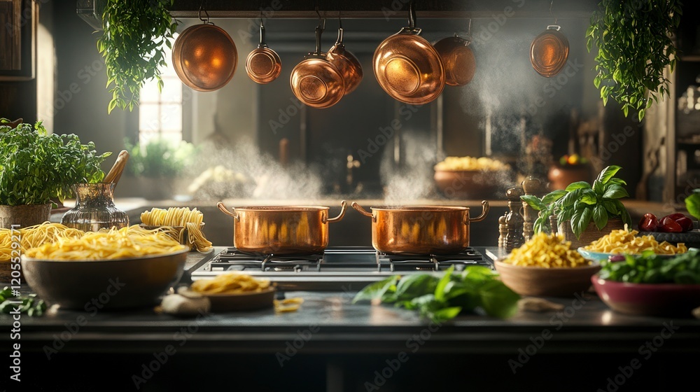 A bustling kitchen with copper pots hanging above the stove, fresh pasta being rolled out, and large bowls of colorful ingredients ready for cooking. A bustling kitchen with copper pots hanging above the stove, fresh pasta being rolled out, and large bowls of colorful ingredients ready for cooking.