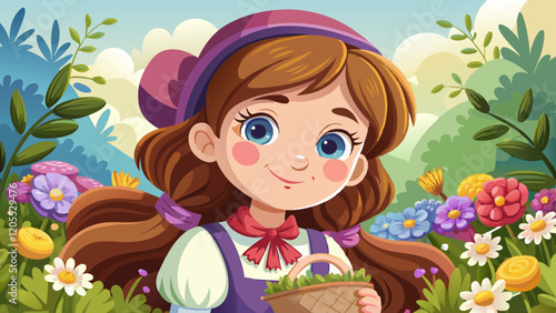A beautiful, accurate, whimsical illustration of a sweet 5-year-old girl with rosy cheeks, brown eyes, and tied brown hair, smiling. The girl is dressed in a rich, blooming, long-sleeved country girl 