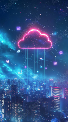 Digital network streaming cloud data across illuminated metropolitan skyline, symbolizing technological connectivity and urban innovation