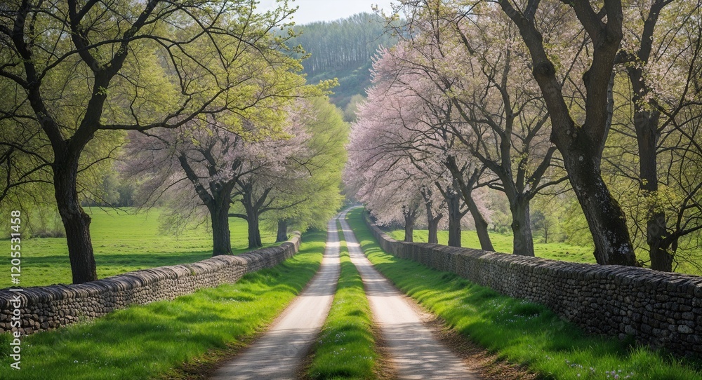 Peaceful medieval road in spring with fresh grass and flowering trees Peaceful medieval road in spring with fresh grass and flowering trees