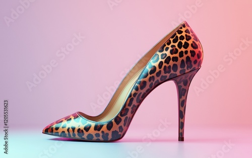 Fashionable high heel with a bold animal print texture placed on a soft neutral gradient
