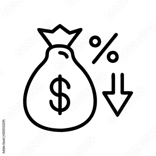 Money bag with interest rate decrease icon featuring downward arrow and dollar sign representing discounts