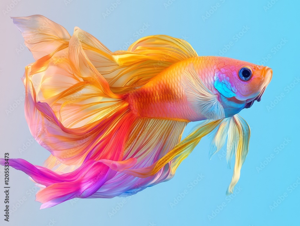 Fototapeta premium A vibrant goldfish with flowing fins against a colorful gradient background.