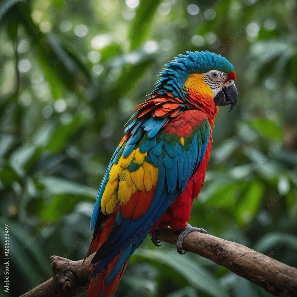 Fototapeta premium A vibrant side-view of a colorful parrot perched on a branch, with a blurred jungle background.