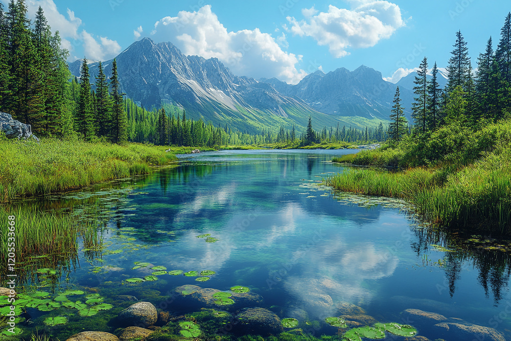 Fototapeta premium Serene Mountain Lake Reflecting Majestic Peaks
