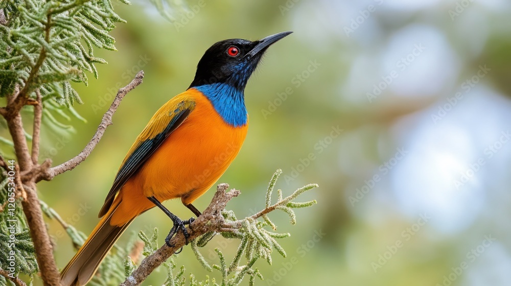 Fototapeta premium Superb starling with vibrant orange plumage perched on a tree branch looking upwards