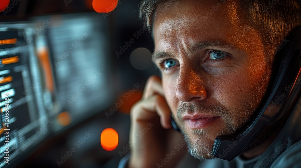 Man on headset, focused on computer screen. Man on headset, focused on computer screen.