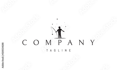 Vector logo with an abstract image of a child with a fishing rod against the backdrop of a starry sky.