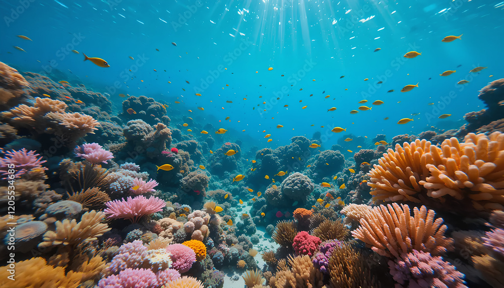 Obraz premium Vibrant Coral Reef Teeming with Colorful Fish Under Sunlit Waters