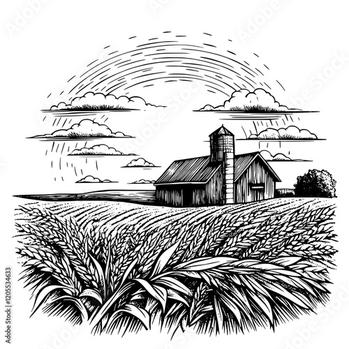 Rustic farmhouse under a vibrant sunset, surrounded by golden wheat fields and fluffy clouds in serene countryside