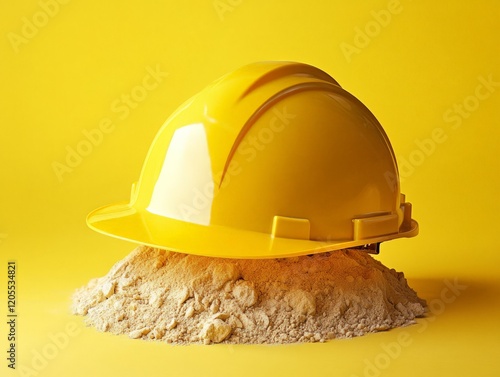 A yellow hard hat resting on a mound of sand against a bright yellow background. photo