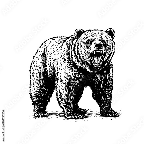 Wild grizzly bear stands fiercely in a forest, exuding power and nature's untamed spirit during the dawn light