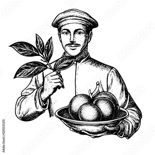 Vintage farmhand showcasing freshly harvested oranges and lush leaves in a rustic kitchen setting