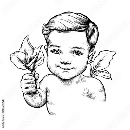 Charming baby boy with a flower in hand, exuding innocence and joy in a whimsical black and white illustration