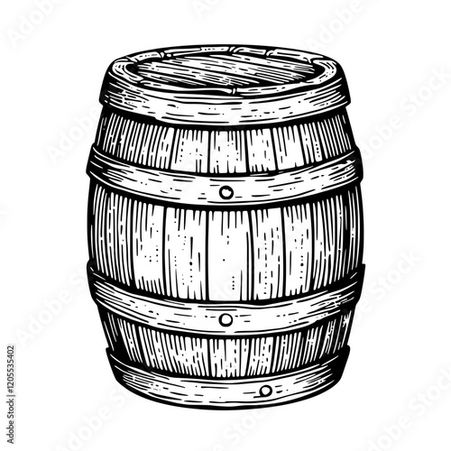 Rustic wooden barrel crafted with care, perfect for storage or decoration in a countryside setting