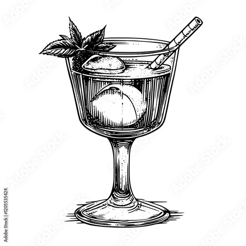 Refreshing cocktail with mint and ice served in a vintage glass on a warm summer day