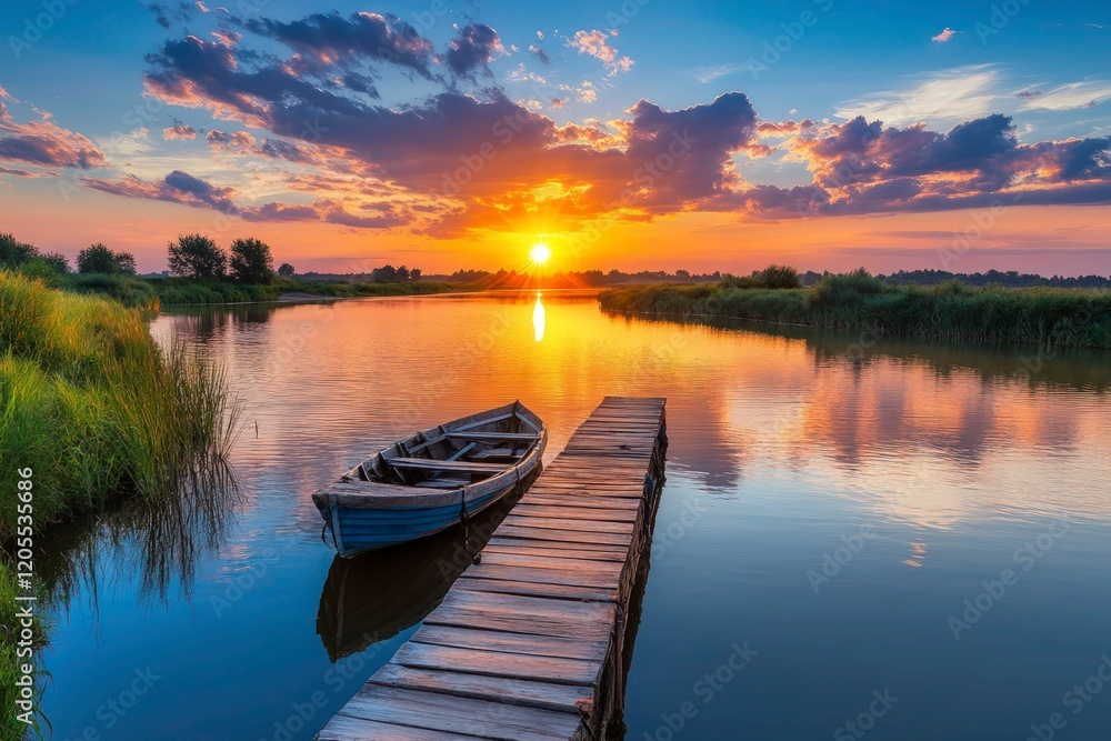 A beautiful sunset over a calm river, with the summer solstice sun casting vivid colors in the sky and reflecting them on the water. In the foreground A beautiful sunset over a calm river, with the summer solstice sun casting vivid colors in the sky and reflecting them on the water. In the foreground