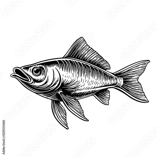 Intricate black and white illustration of a lively fish swimming gracefully in a tranquil underwater environment