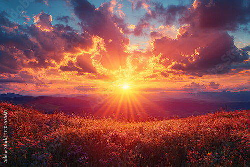 Wallpaper Mural Fiery Sunset Over Mountain Meadow Wildflowers Torontodigital.ca