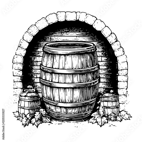 Rustic wooden barrels nestled beside a stone archway adorned with lush greenery at a vineyard in autumn