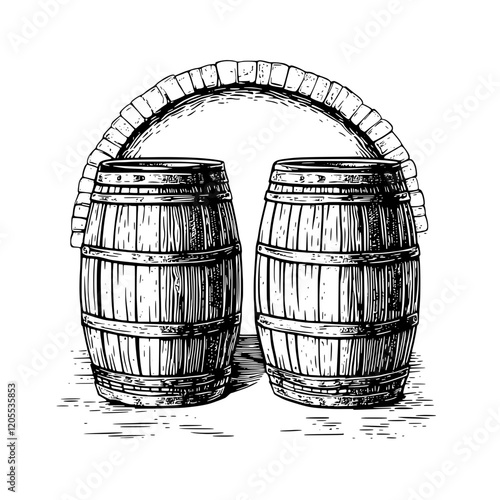 Artistic depiction of two wooden barrels beneath an archway in a rustic setting