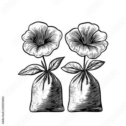 Elegant floral arrangement showcasing two blossoming flowers in decorative burlap bags