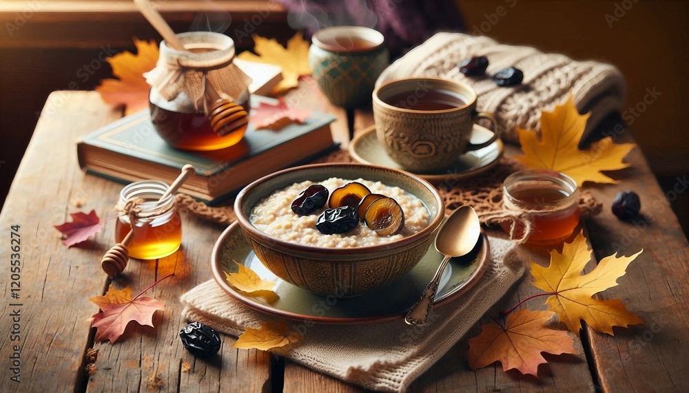 A rustic autumn breakfast setting featuring oatmeal with prunes, steaming tea, honey jars, and vibrant fall leaves on a wooden table. Emphasizing a cozy and warm seasonal atmosphere.
A rustic autumn breakfast setting featuring oatmeal with prunes, steaming tea, honey jars, and vibrant fall leaves on a wooden table. Emphasizing a cozy and warm seasonal atmosphere.