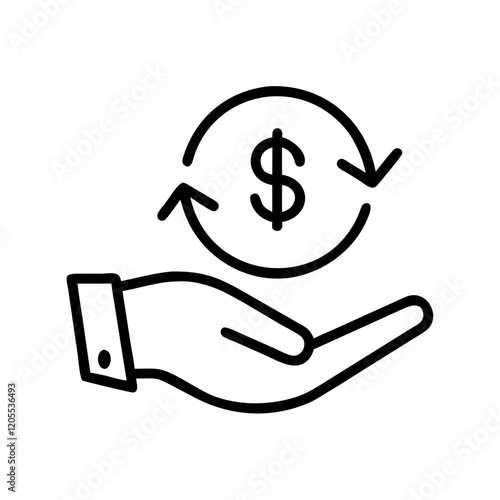 Refund icon with hand holding dollar and circular arrows, minimalist style