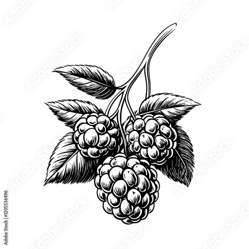 Delicate black and white illustration of ripe raspberries with lush leaves showcasing nature’s beauty and intricate details