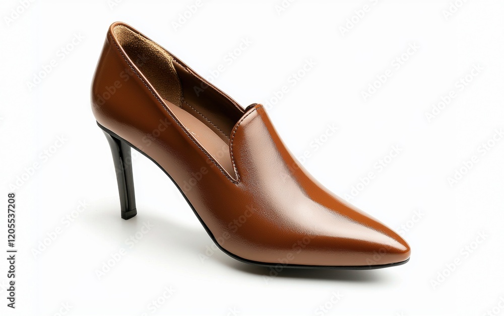 Leather high-heeled shoe with a pointed toe and glossy finish on a clean white background Leather high-heeled shoe with a pointed toe and glossy finish on a clean white background