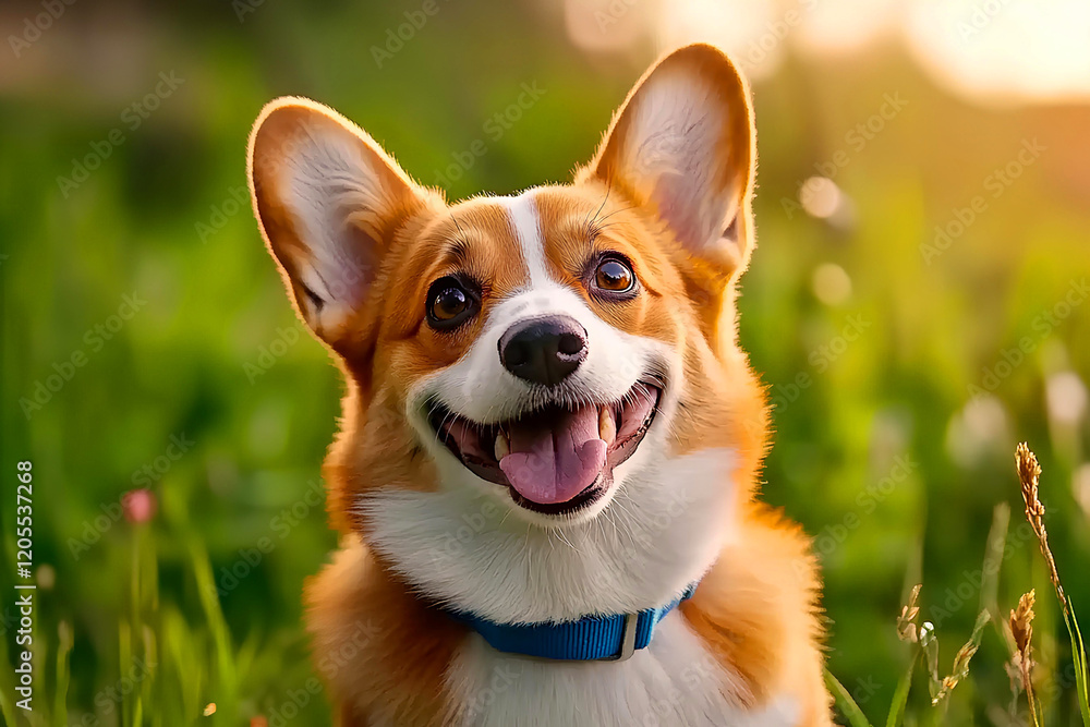 Sweet Welsh corgi enjoying the warm sun in a picturesque summer park. Copy space. Sweet Welsh corgi enjoying the warm sun in a picturesque summer park. Copy space.