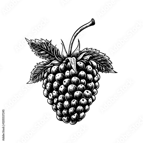 Ripe blackberry hanging delicately from its vine under soft sunlight in a lush garden setting