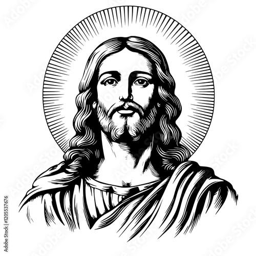Majestic portrayal of a revered figure with flowing hair and a soothing gaze beneath a radiant halo
