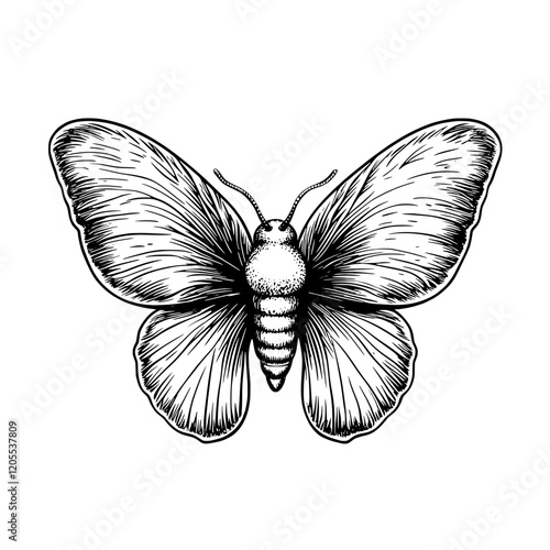 Elegant sketch of a butterfly capturing intricate details of its wings and body, showcasing nature's beauty in black and white artistry