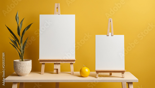 easel with blank canvas on yellow background, perfect for art-related content and workshops