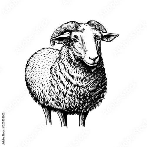 Charming illustration of a woolly sheep standing confidently in a pastoral landscape