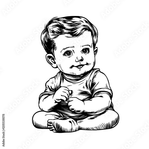 Charming baby with joyful expression sitting on floor, exuding innocence and wonder in a whimsical black and white illustration