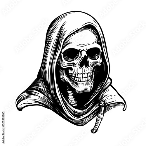 Eerie figure of a skull draped in a hood, capturing the essence of mystery and the unknown at twilight