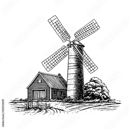 Windmill stands tall beside rustic barn, capturing the charm of rural life on a sunny day in the countryside