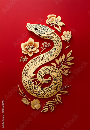 Wallpaper Mural Elegant Golden Snake with Intricate Floral Design on Red Background: A Luxurious Chinese New Year Art Torontodigital.ca