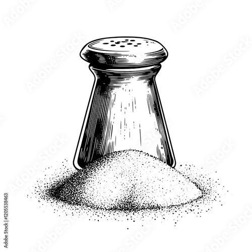 Classic salt shaker with granules spilling onto a flat surface captured in detailed monochrome illustration